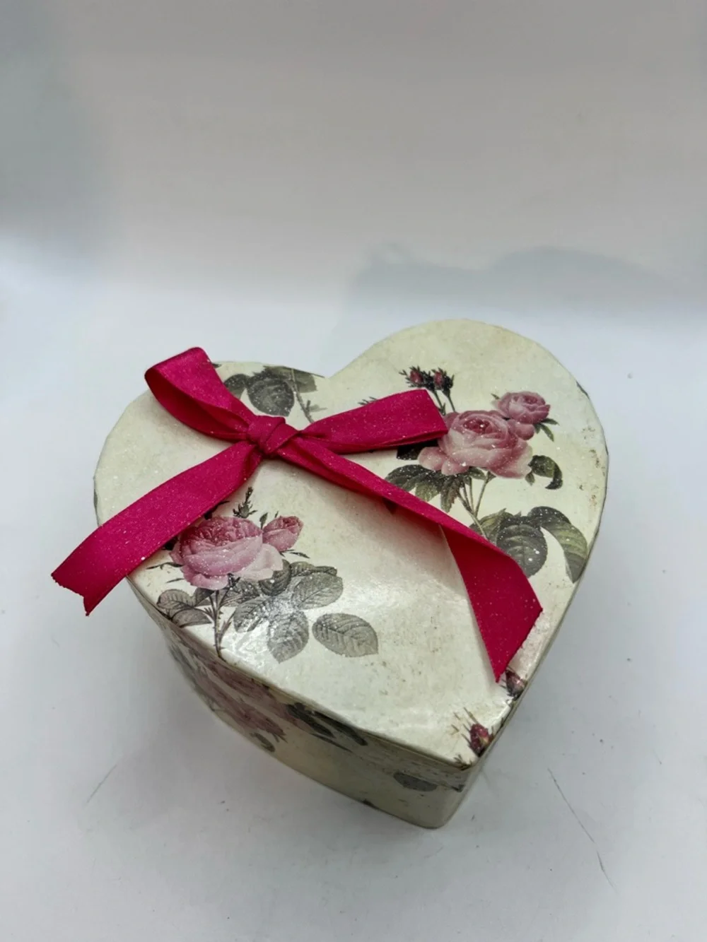 Heart-Shaped Floral Fabric and Cardboard Box with Pink Ribbon